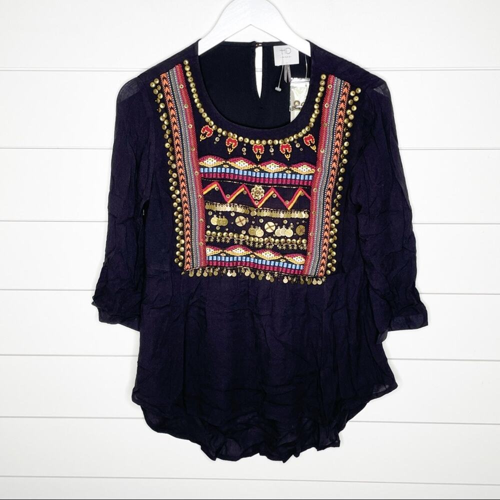 HD In Paris Ari Embellished Embroidered Boho Peasant Tunic Top Black Size 4 - Picture 2 of 11